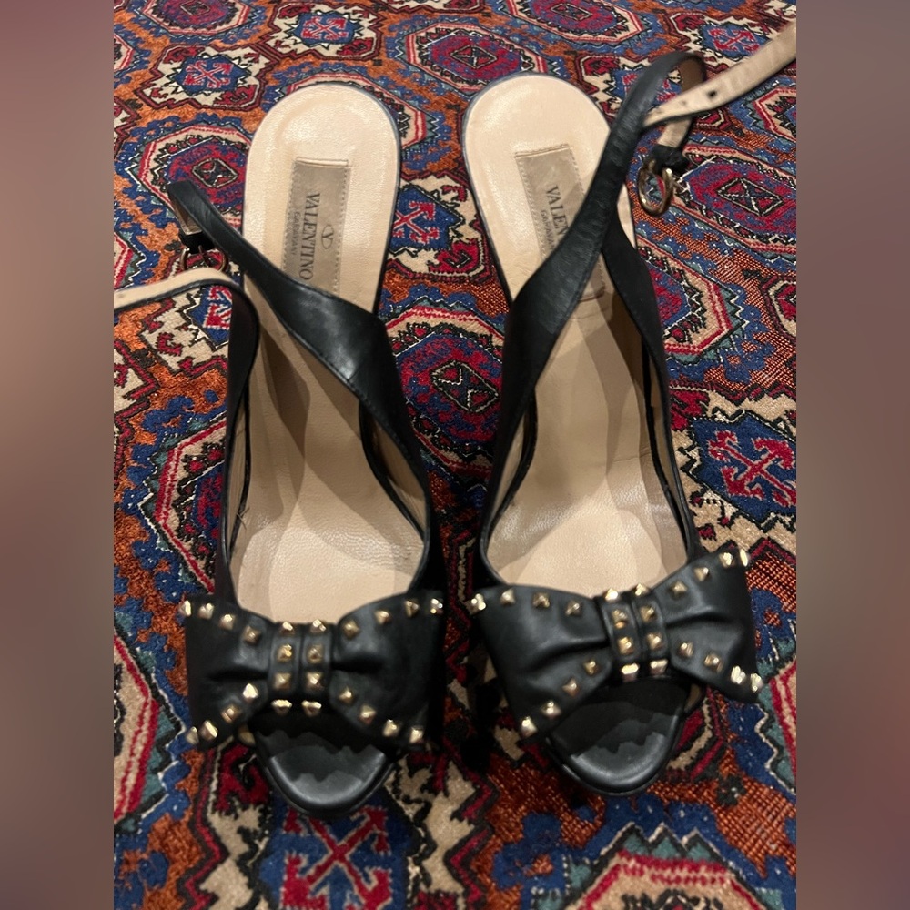 Valentino Black Leather Studded Bow Slingback Heels